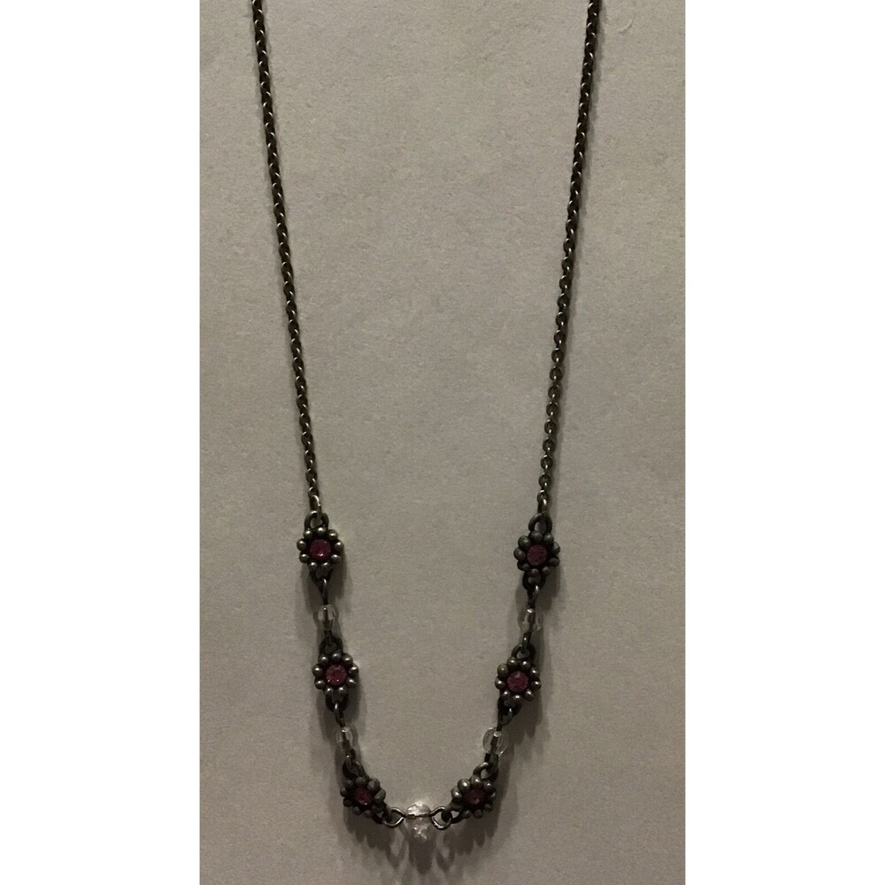 Vntg Signed LR Lady Remington Silver Tone Pink Floral Rhinestone Choker Necklace